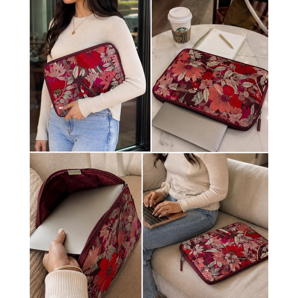 Vera Bradley Floral Laptop Sleeve Case Red Burgundy Padded 14 Inch Zippered